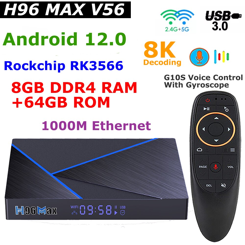 H96 MAX V56 ȵ̵ 12 TV ڽ, Ĩ RK3566, 8GB D..